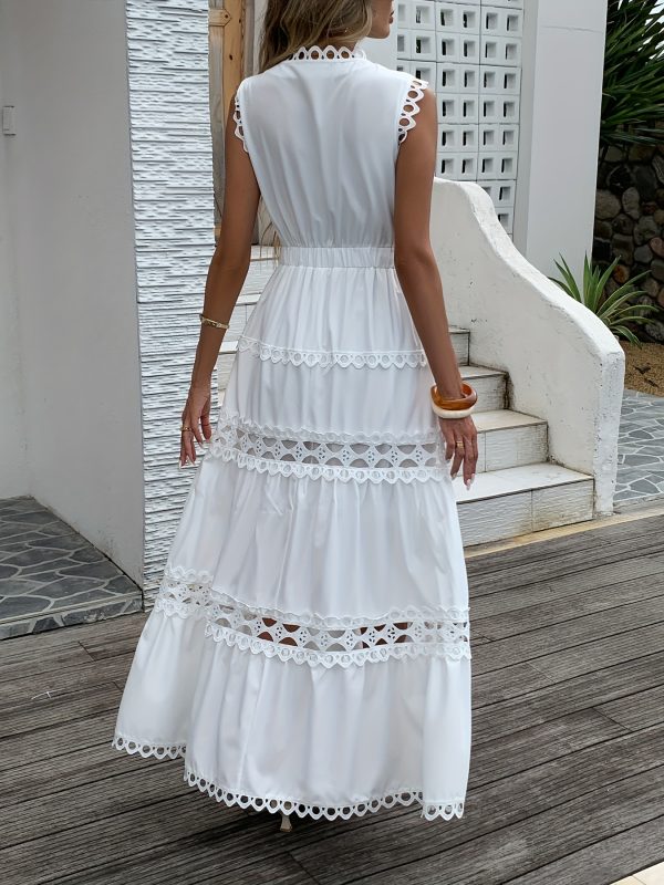 women's elegant v neck ruffle dress solid color, sleeveless a line midi dress with lace detailing, perfect for vacation and casual attire, casual attire|vneck dress|lace detailing