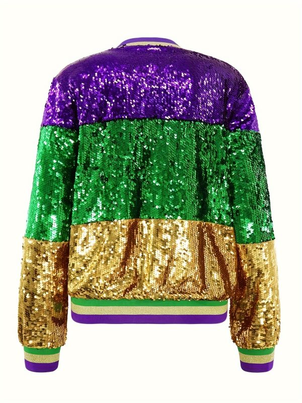 color block sequins long sleeve jacket, casual full zip jacket for spring & fall, women's clothing