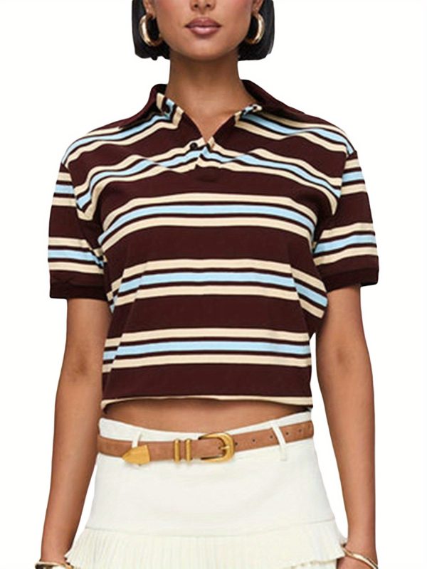 women's y2k vintage striped crop top with lapel collar casual short sleeve shirt in brown & light blue, non stretch machine washable fabric for spring summer fall streetwear, teenage fashion, soft texture