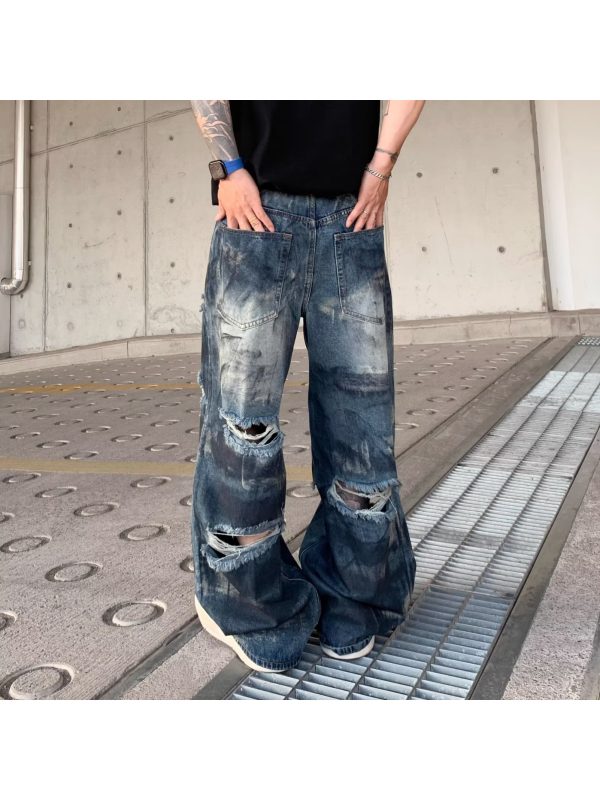 high street inkjet ripped jeans for men and women summer 2025 new heavy washed cool street style wide leg pants