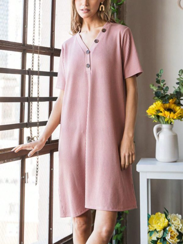 womens casual ribbed knit chic minimalist relaxed fit t shirt dress dusty pink half sleeve knee length round neck stretchy textured summer spring daily wear loose comfort midi