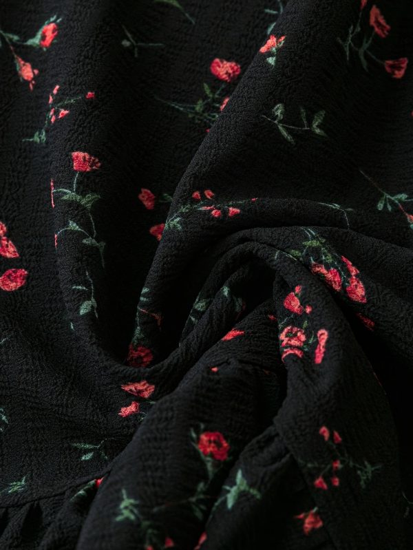 women's v neck sleeveless a line dress with ruffled hem & front button closure striped decal print, black with red floral patchwork, machine washable casual to dressy all season dress, versatile fashion, structured design, nontransparent fabric
