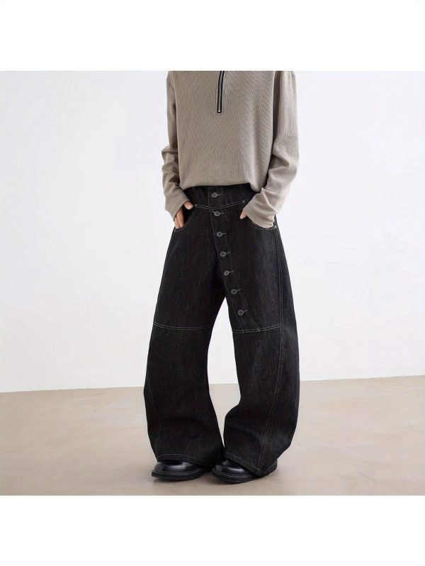 men's loose wide leg faux denim trousers american streetwear fashion, bright line button open scythe overalls, solid color, all season casual & formal wear, casual attire, trendy overall design, durable fabric