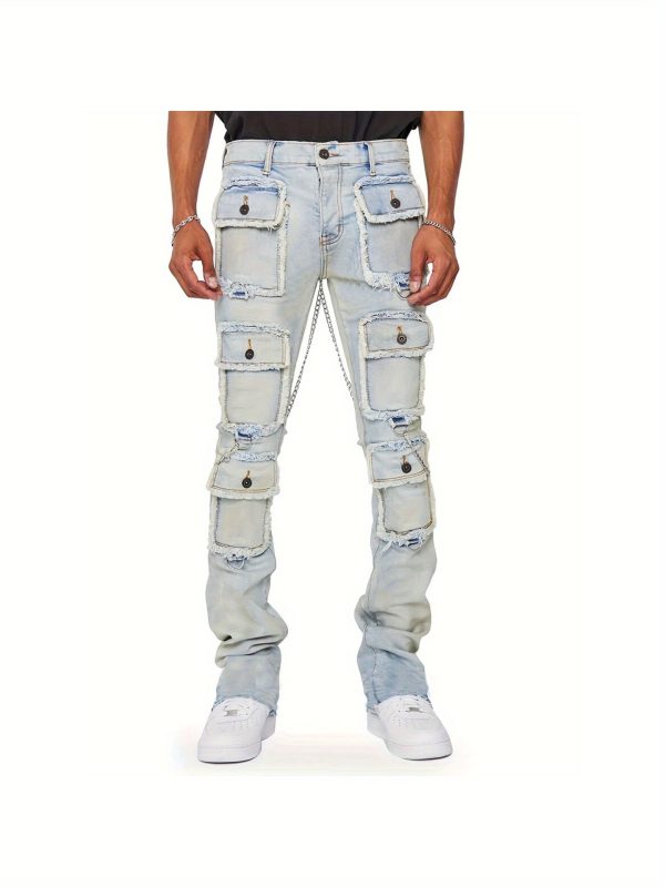 a pair of street style high waisted straight leg denim pants with multiple pockets and a zipper fly, suitable for all seasons, available in sizes s to xxl.