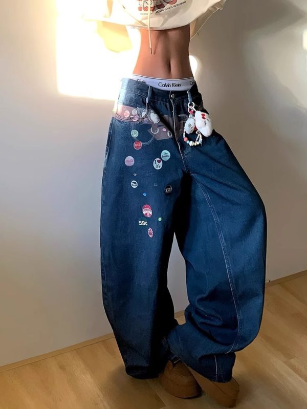 american fun badge printed belt jeans men's summer 2025 new loose wide leg straight length pants