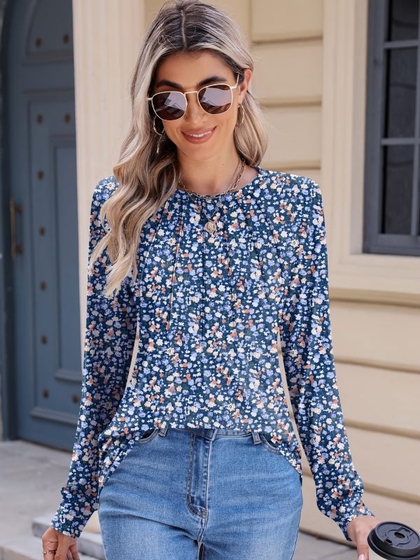 women's casual small floral round neck chest pleated versatile basic long sleeved top