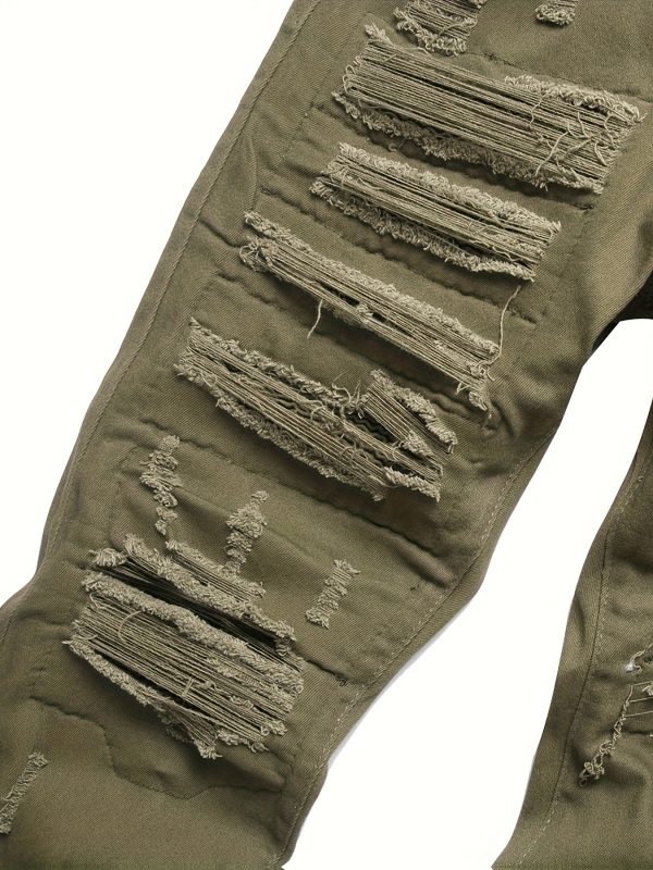 men's slim fit ripped skinny jeans stretch denim biker pants with distressed detailing, olive green, casual streetwear style, machine washable, streetwear jeans | casual style jeans | cotton blend jeans