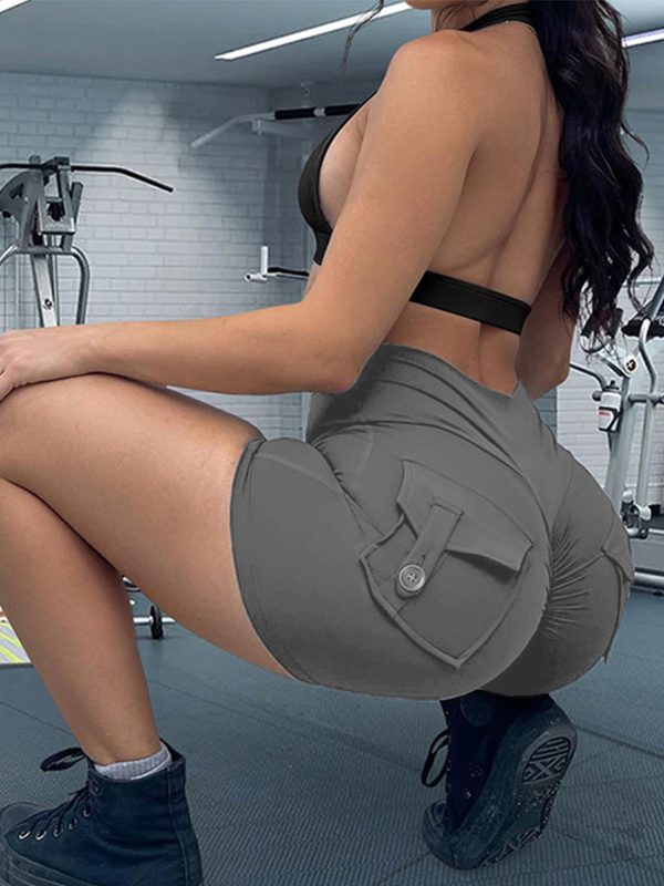 women's yoga shorts solid color high waisted short pants tummy control workout cycling pants with pockets