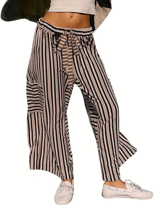 women's lightweight loose wide leg palazzo pants casual elastic drawstring waist with dropped pockets, green & white striped 100% polyester trousers for springu002fsummer outings, spring attire, fashionforward look, comfortable fit