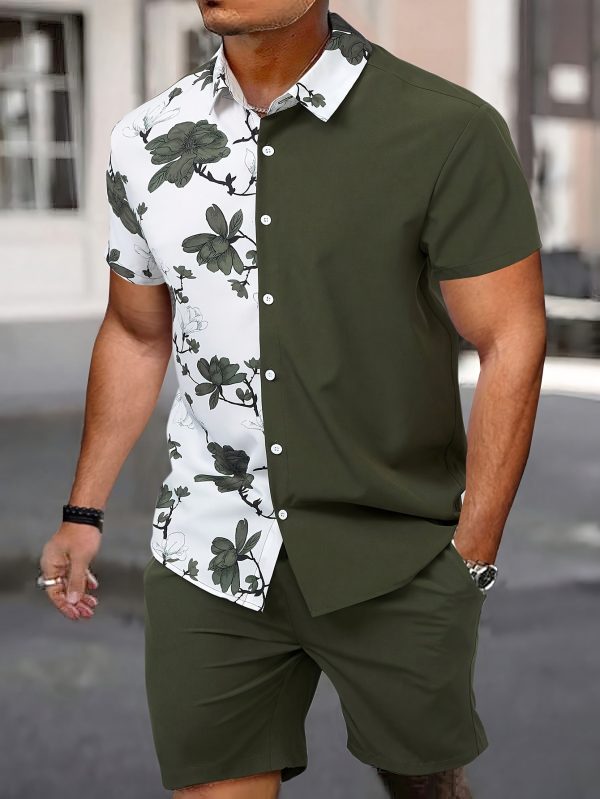 men's casual sports suit, men's printed patchwork shirt, shorts for outdoor wear in summer