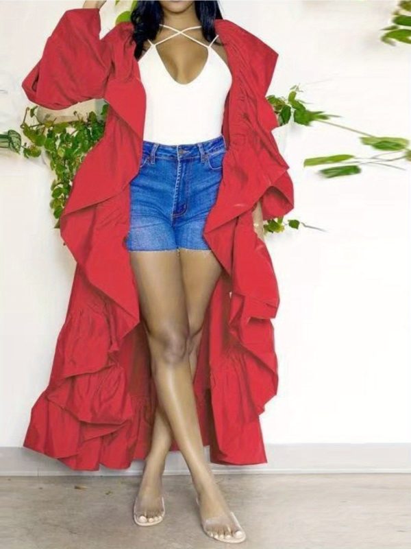 new women's ruffled shawl trench coat for autumn 2025 | solid color long design, elegant and atmospheric, suitable for commuting, going out, parties and other occasions, showcasing french romantic temperament