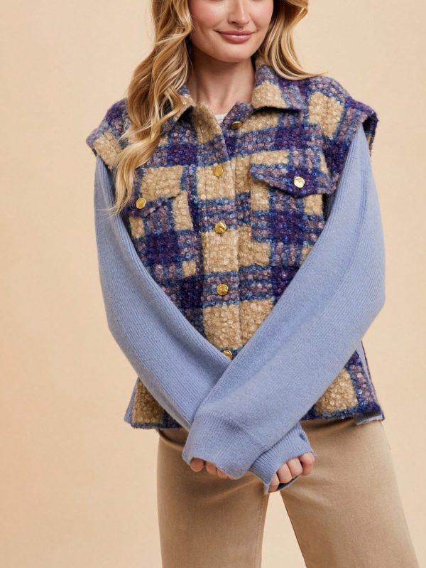 women's casual jacket chic faux fur plaid pattern outerwear blue button up closure long sleeves collared neck soft cozy fabric perfect for fallu002fwinter layering everyday wear