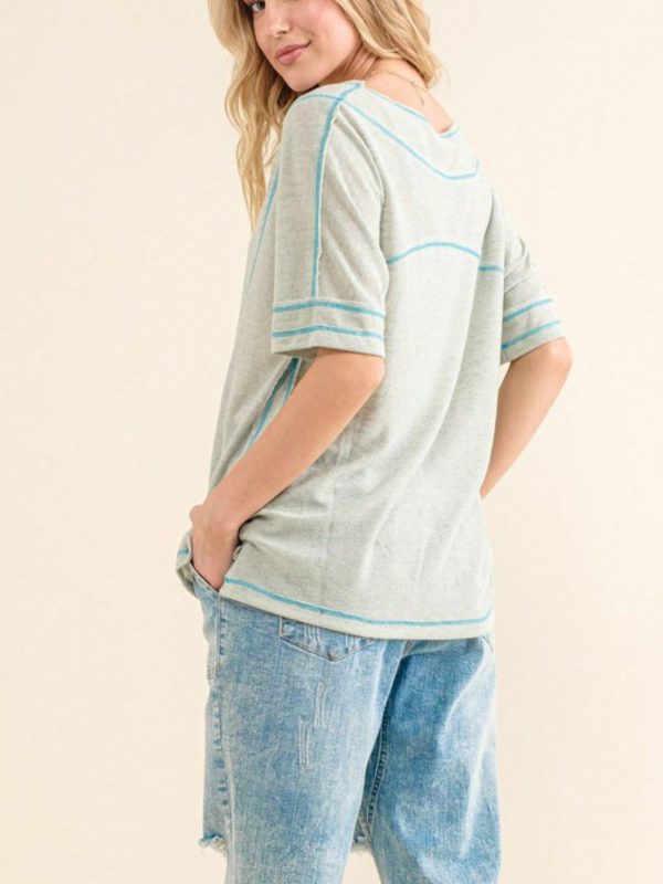 womens casual t shirt relaxed fit contrast stitch detail scoop neck top elbow length sleeve athleisure basic heather grey blue trim summer daily wear loose comfort tee blouse weekend loungewear