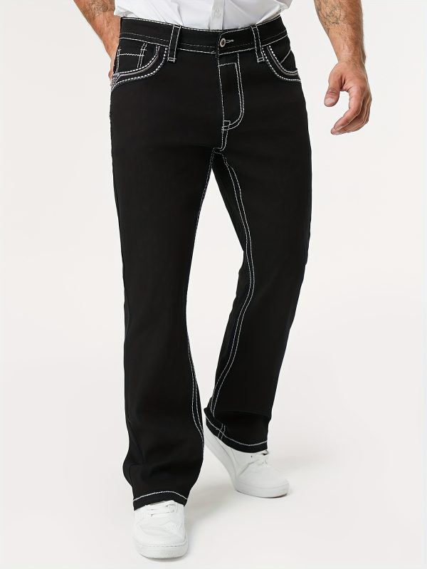 men's casual black denim jeans with details, comfortable mid rise, loose fit, machine washable, perfect for casual attire