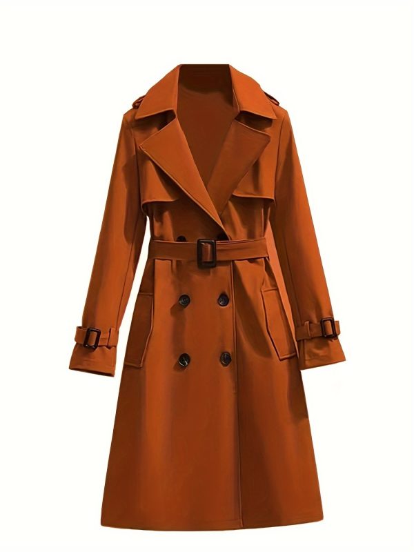 elegant white double breasted trench coat for women long sleeve, belted waist, button up design, casual style, perfect for fall & winter, casual winter wear | belted trench coat | structured design