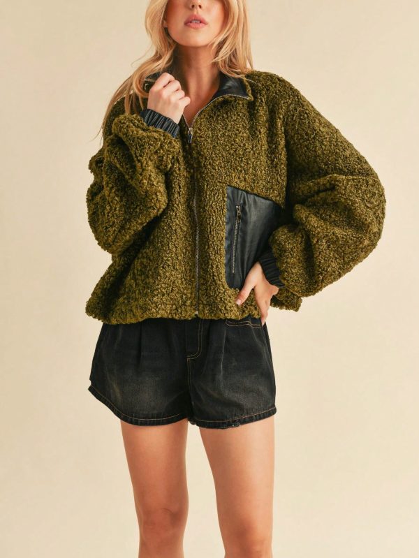 womens casual teddy bear chic leather trim zipper pocket sherpa jacket olive green long sleeve cropped length stand collar plush textured fall winter street style outerwear