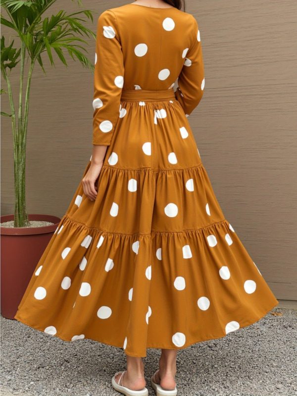 women's elegant long sleeve a line dress mustard yellow & white polka dots, flared skirt formal & casual outfits for parties, office, casual attire non stretch fabric, office attire, feminine design, quality stitching, fashion lovers