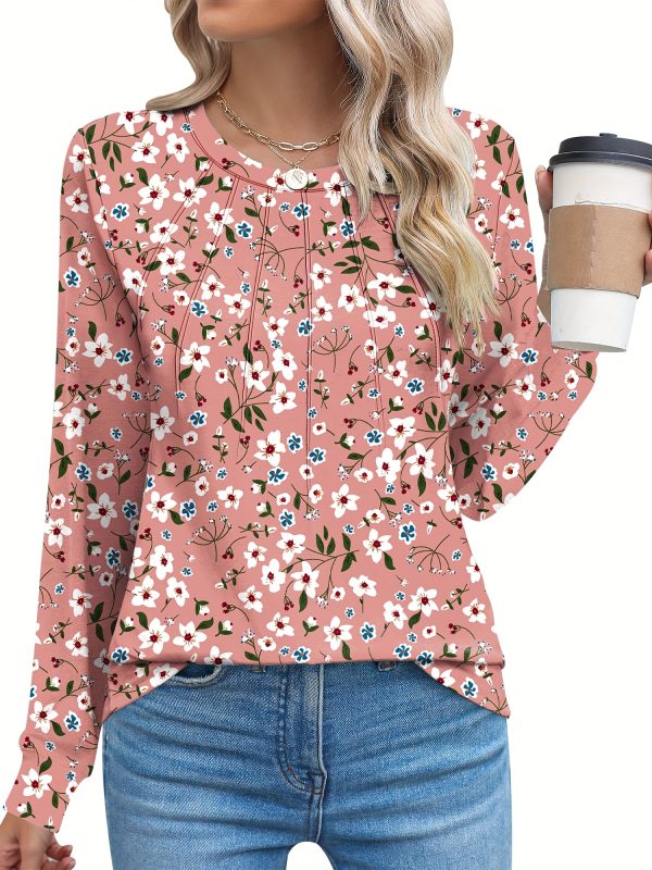 women's casual small floral round neck chest pleated versatile basic long sleeved top