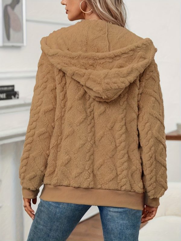 elegant hooded fleece coat with plush faux fur lining machine washable winter coat with zipper front & side pockets, solid color warm outerwear for adults
