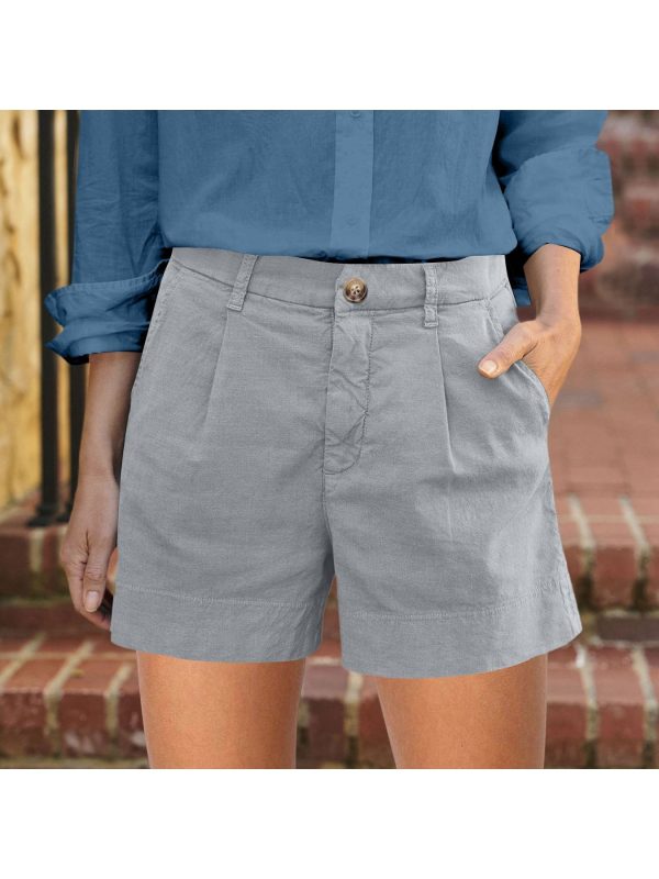 women's light gray shorts casual summer wear with button fly, elastic waist & pockets, comfortable for travel or everyday use, comfortable travel shorts | button fly shorts | texture