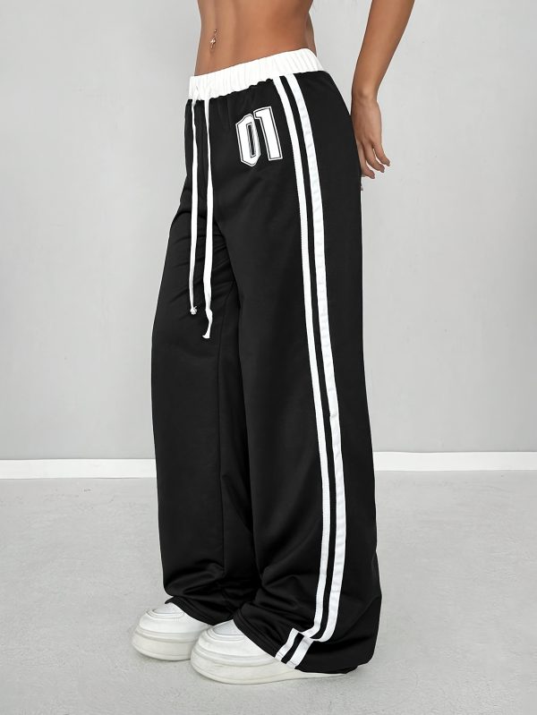 women's high waisted black sweatpants, printed with white '10' casual street style, loose fit, drawstring waist, suitable for autumn and winter, comfortable jogging pants