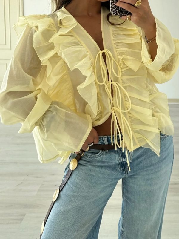 women's elegant ruffled multi layered chiffon blouse v neck long sleeve semi sheer top with layered ruffles, lightweight springu002ffall shirt in soft pastel colors (machine washable) for casual & formal outfits