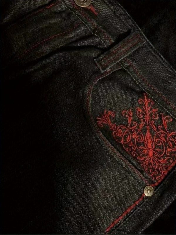 men's american retro embroidered streetwear hip hop wide leg high waist jeans loose fit, black with red cross & star design, casual fashion, all season comfort, streetwear fashion, bold fashion statement, durable fashion