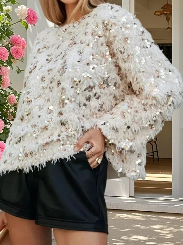 women's y2k sparkling sequin sweater with tassel hem & fringe sleeve details loose fit crew neck long sleeve pullover, all season party & everyday winter fall tops (hand washu002fdry clean) no stretch fabric