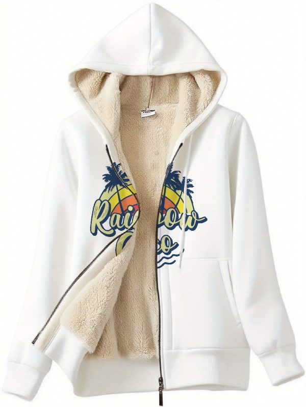 women's casual full zip hooded sherpa lined jacket cozy plaid print with palm tree &
