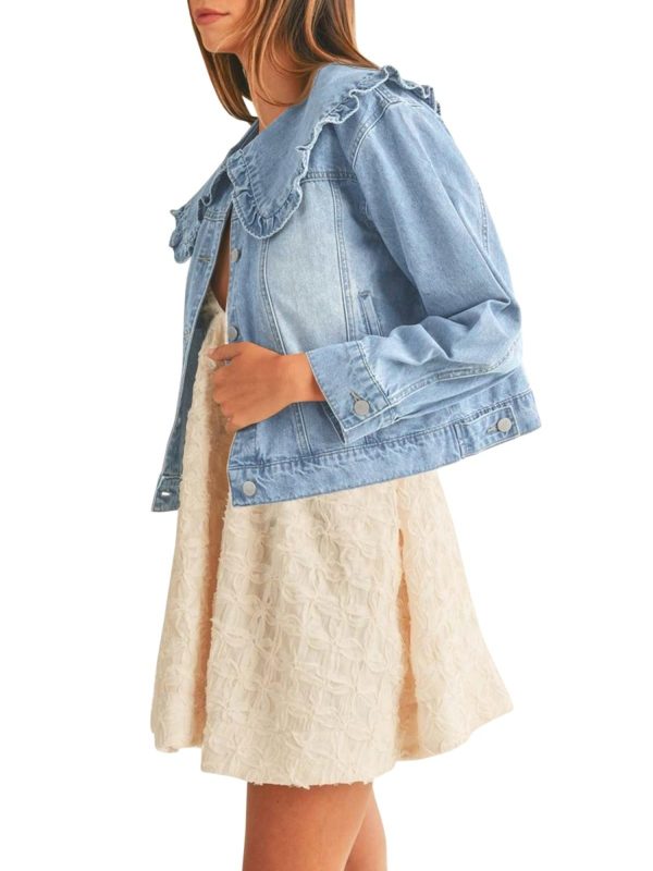 women's casual denim jacket long sleeve, collared shirt coat with pockets, machine washable