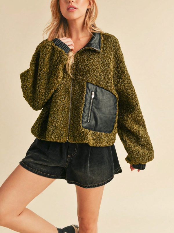 womens casual teddy bear chic leather trim zipper pocket sherpa jacket olive green long sleeve cropped length stand collar plush textured fall winter street style outerwear
