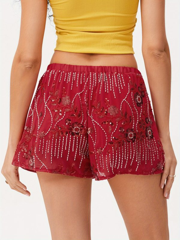 women's red sequin mini shorts with beaded floral design, elastic waist loose fit casual summer streetwear shorts machine washable, nontransparent fabric, vacation outfit, comfortable material, women