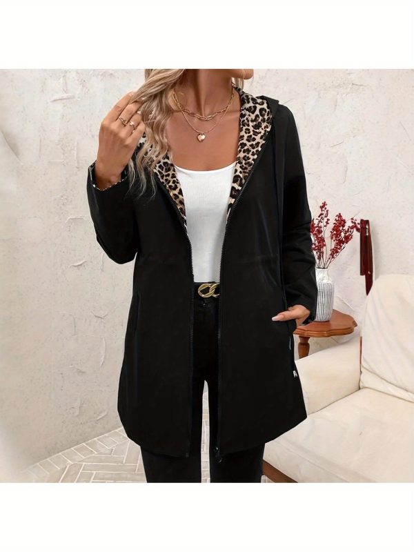 women's reversible hooded jacket high quality windproof long coat with front zipper closure, drawstring waist elegant loose fit outerwear for women (blacku002fwhite two tone) machine washable non stretch jacket