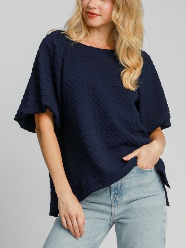 womens casual plus size chic textured honeycomb pattern relaxed fit top navy blue dolman short sleeve round neck quilted surface daily wear tunic blouse perfect for spring summer fall office weekend