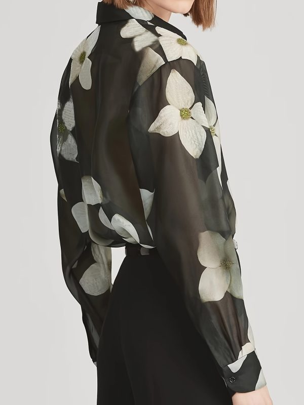 women's elegant satin floral print blouse chic long sleeve button up shirt with black & white floral design, comfortable collar, perfect for springu002fsummeru002ffall, casual to formal wear, floral print blouse