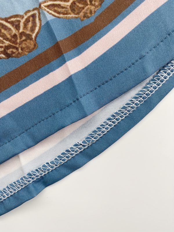 european and american men's fashion morandi color scheme with lake blue and orange contrast, ethnic print design casual shirt and shorts set