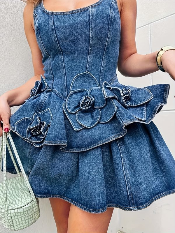 fashion design 3d three dimensional flower double layer denim camisole skirt
