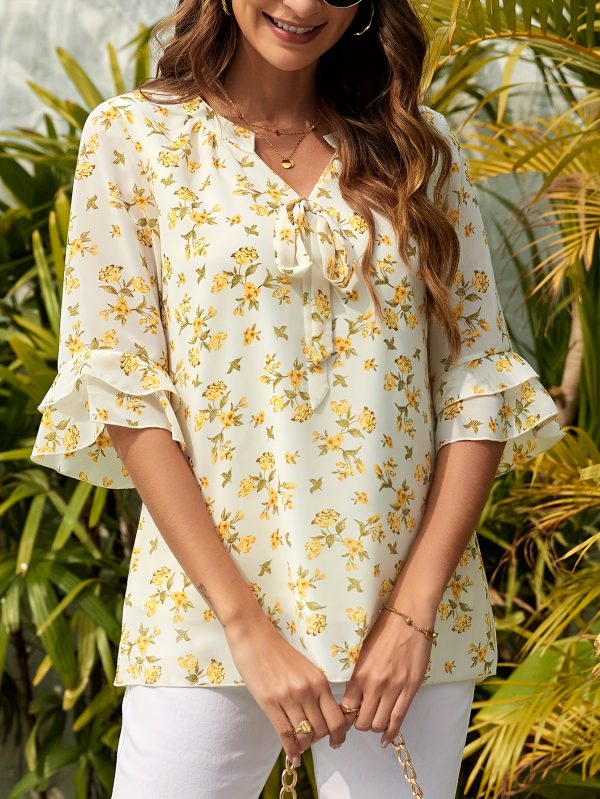 women summer tops shirts, formal chiffon, bow embellishments, layered bell sleeves, cinched waist, double chiffon, loose pleated, v neck, casual work, floral tunic shirt top