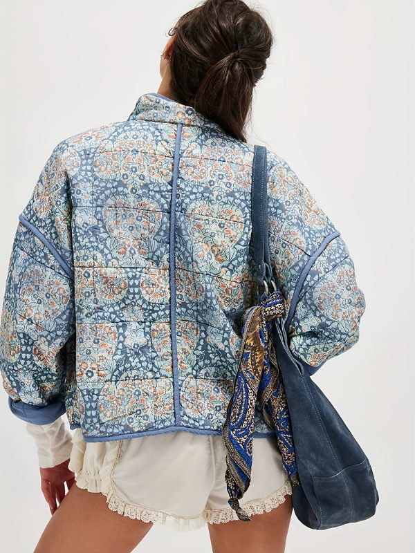 women's floral print quilted jacket loose fit long sleeve stand collar casual outerwear with pockets, brown & blue design, perfect for fall, autumn jacket | floral print jacket | quilted texture