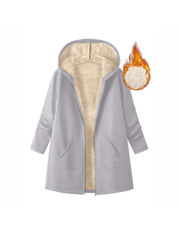 women's mid length hooded jacket cozy fleece lined casual outerwear with zipper closure, loose fit, solid color, long sleeve, perfect for fallu002fwinter, cozy fall jacket | hooded sweater | zippered jacket