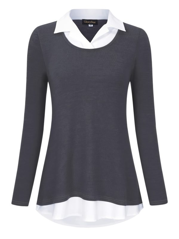 color block lapel neck blouse, casual long sleeve blouse for spring & fall, women's clothing