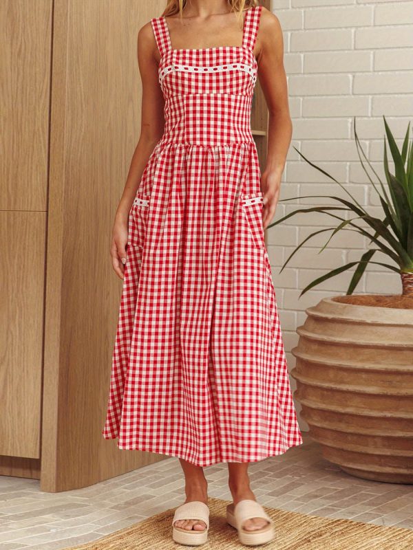 women's summer long cami dress sleeveless open back plaid beach dress with 2 pockets