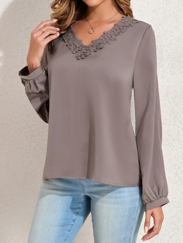 women summer tops neckline lace patchwork pullover shirt long sleeve elegant blouse