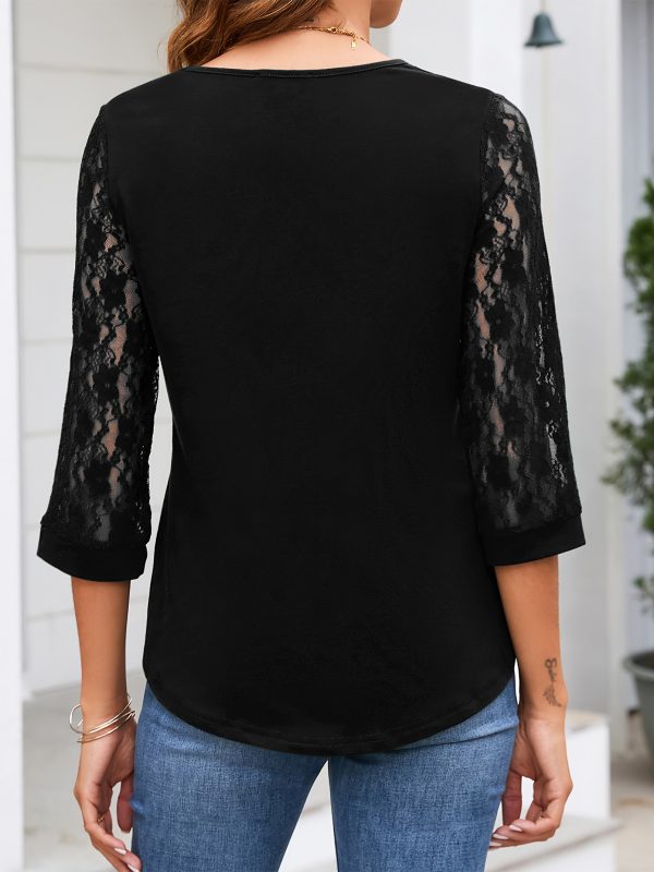 womens 3u002f4 sleeve patchwork half lace sleeve tops casual spring summer elegant solid blouses