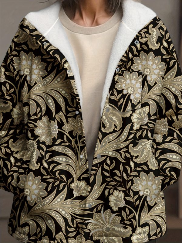new women's vintage floral & geometric print hooded coat plush fleece lined winter jacket with zipper closure, machine washable casual outerwear for fall and winter, cute jacket, fleecelined comfort