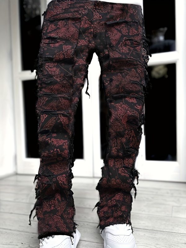 men's elastic waist straight leg loose fit jeans with red paisley print & frayed hem streetwear style, machine washable, all season comfort, casual streetwear