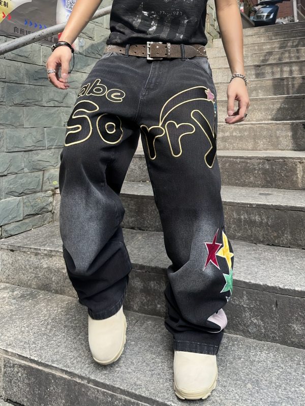 men's american style trendy loose jeans, letter embroidered design high street jeans (without beltu002fwithout hanging decoration)