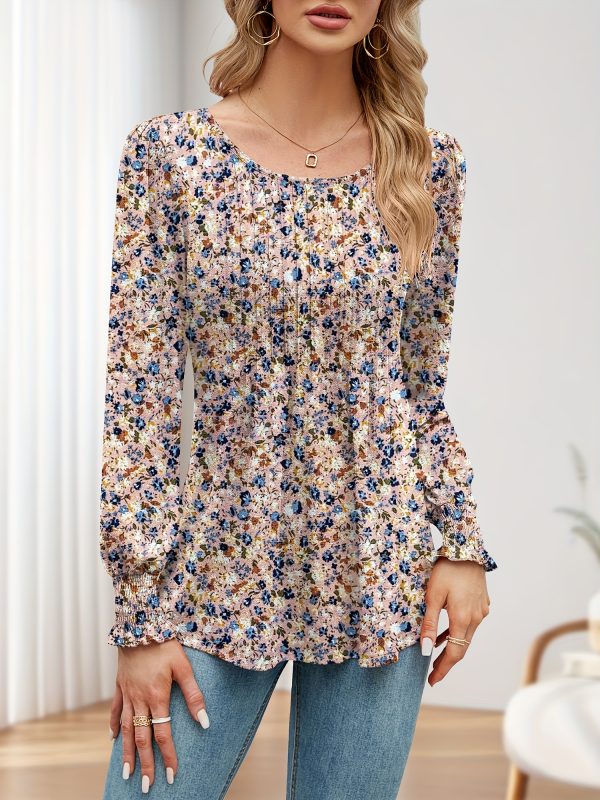 women's autumn puff long sleeve tunic tops pleated crew neck shirts blouses casual loose t shirts