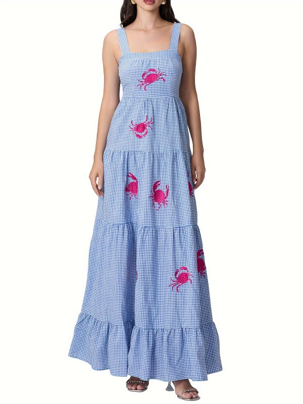 sleeveless square neck embroidered tiered midi slip dress for women