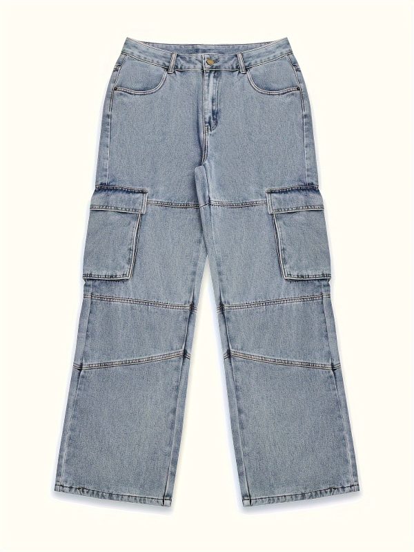 men's washed denim pants with multiple pockets, solid color washed denim street style workwear pants